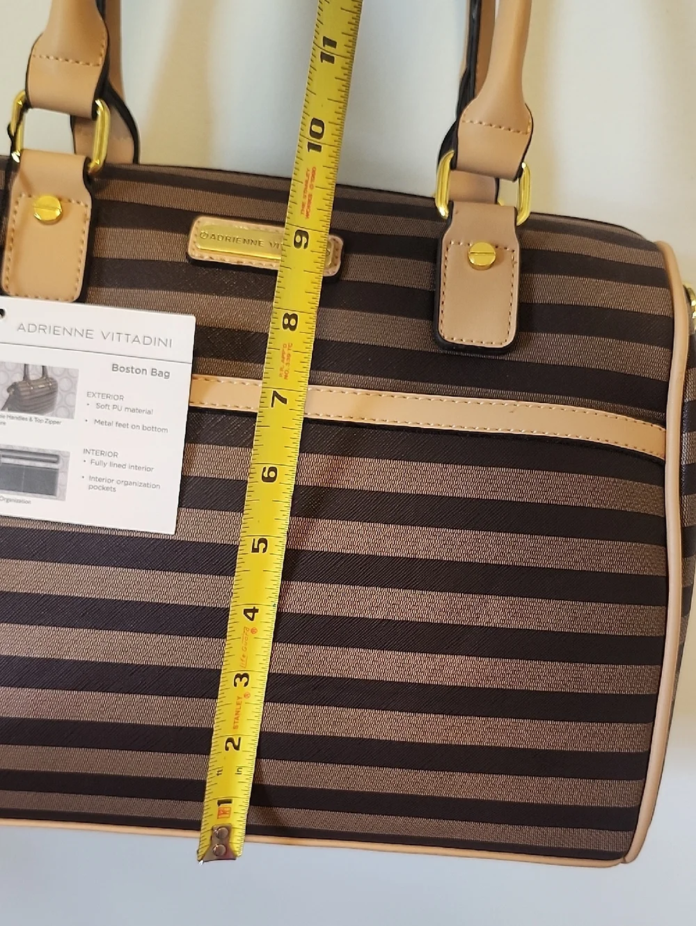 Adrienne Vittadini Brown Striped Satchel with Tan Trim - Picture 9 of 11